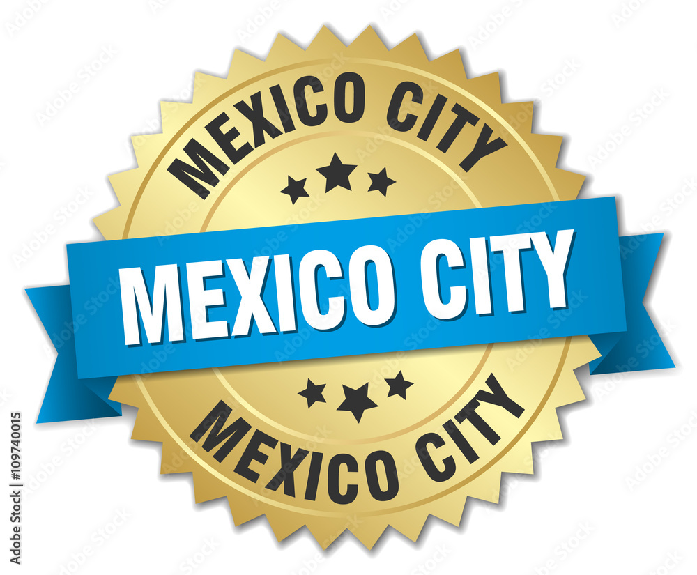 Mexico City round golden badge with blue ribbon