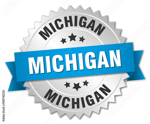 Michigan round silver badge with blue ribbon
