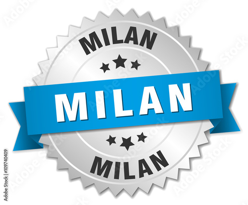 Milan round silver badge with blue ribbon