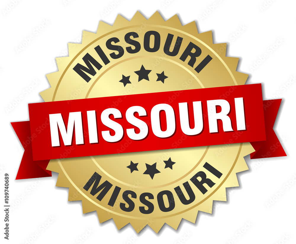 Missouri round golden badge with red ribbon Missouri round golden badge with red ribbon