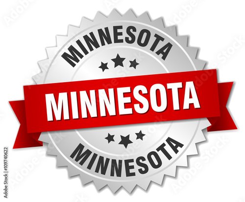Minnesota round silver badge with red ribbon