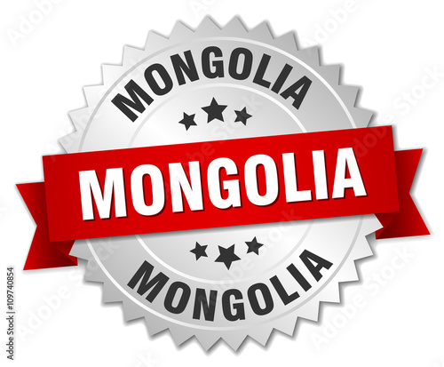 Mongolia  round silver badge with red ribbon