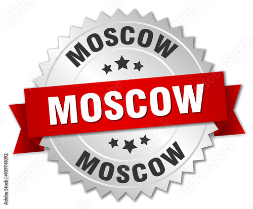 Moscow round silver badge with red ribbon