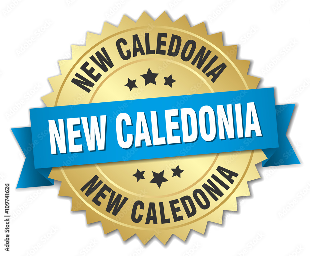 New Caledonia round golden badge with blue ribbon