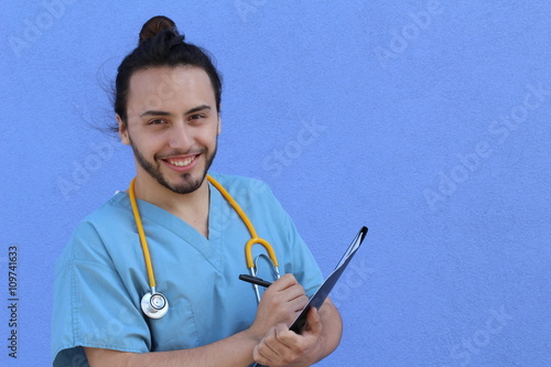 Cute doctor nerd with man bun and copy space  photo