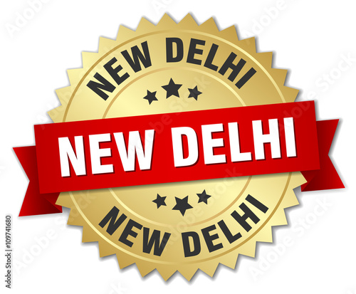 New Delhi round golden badge with red ribbon
