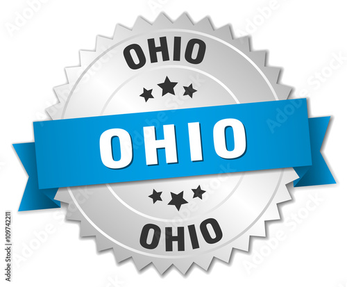 Ohio round silver badge with blue ribbon