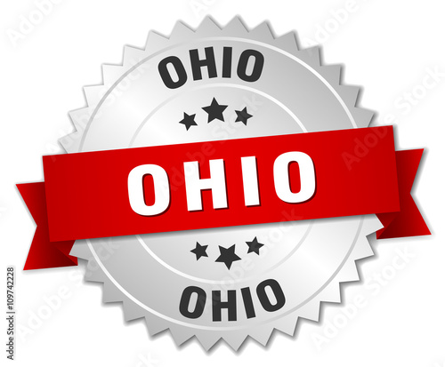 Ohio round silver badge with red ribbon