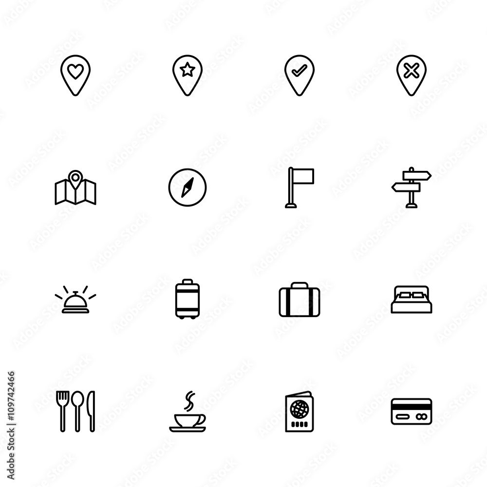Fototapeta premium black line travel icon set for web design, user interface (UI), infographic and mobile application (apps)