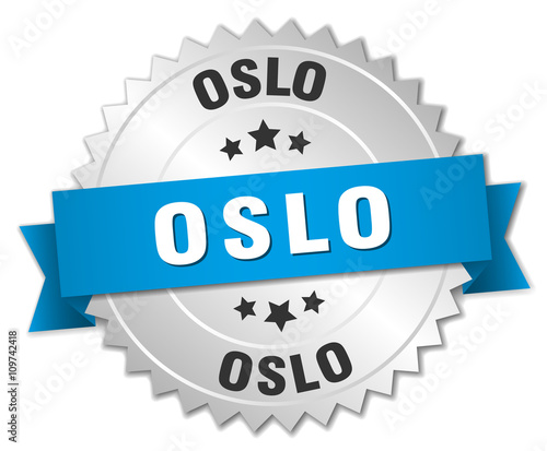 Oslo round silver badge with blue ribbon