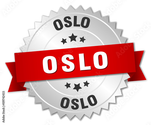 Oslo round silver badge with red ribbon