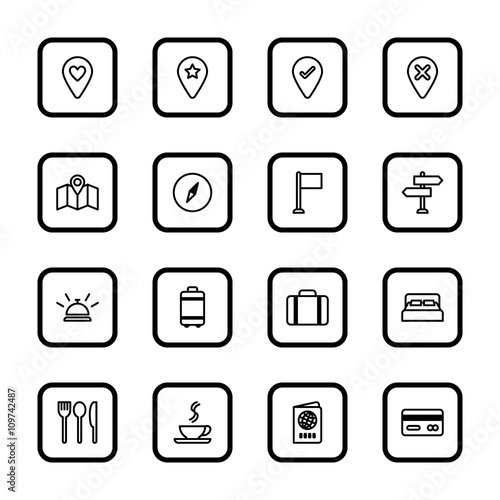black line travel icon set with rounded rectangle frame for web design, user interface (UI), infographic and mobile application (apps)