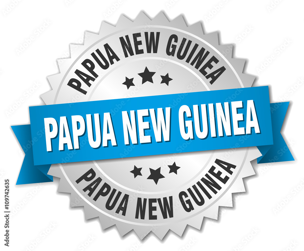 Obraz premium Papua New Guinea round silver badge with blue ribbon