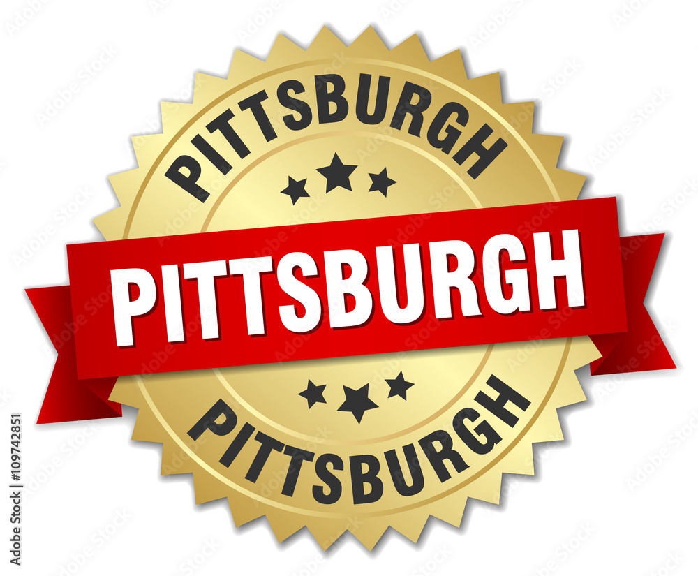 Pittsburgh round golden badge with red ribbon Pittsburgh round golden badge with red ribbon