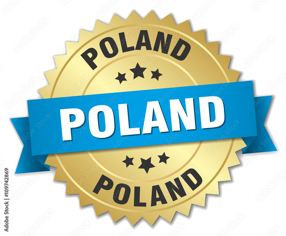 Poland round golden badge with blue ribbon