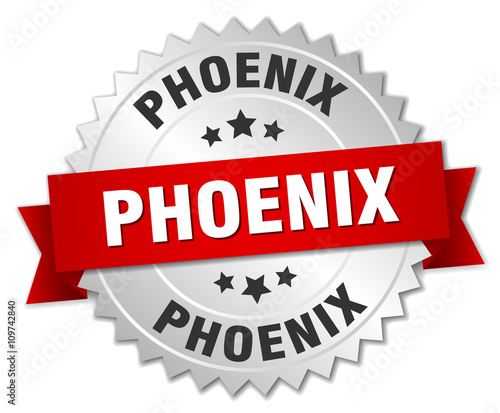 Phoenix round silver badge with red ribbon