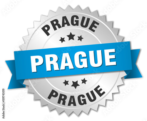 Prague round silver badge with blue ribbon