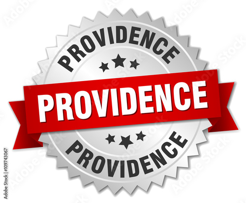 Providence  round silver badge with red ribbon