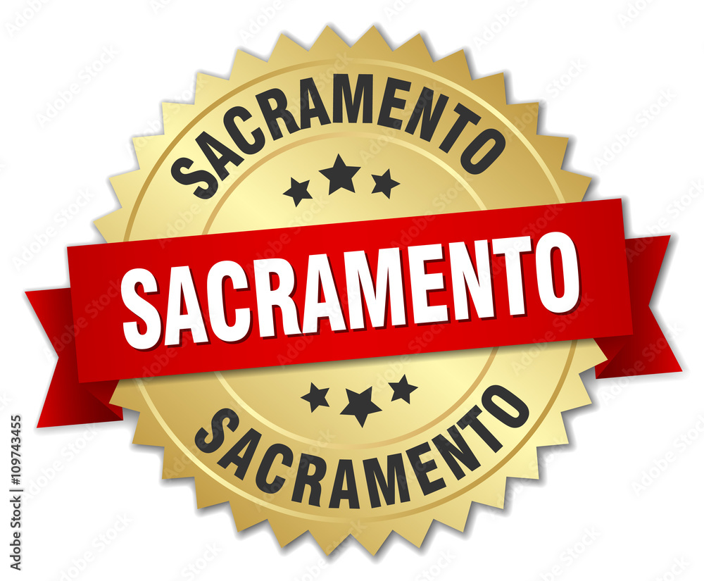 Sacramento round golden badge with red ribbon Sacramento round golden badge with red ribbon