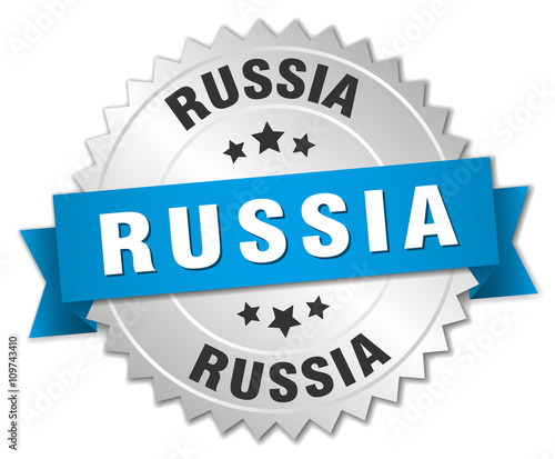 Russia round silver badge with blue ribbon