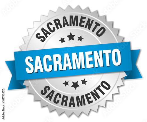 Sacramento round silver badge with blue ribbon