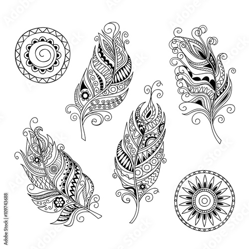 set of doodle feathers and mandalas