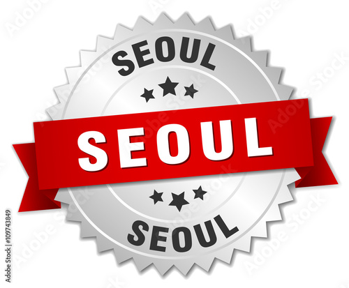 Seoul  round silver badge with red ribbon