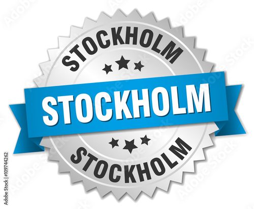 Stockholm round silver badge with blue ribbon