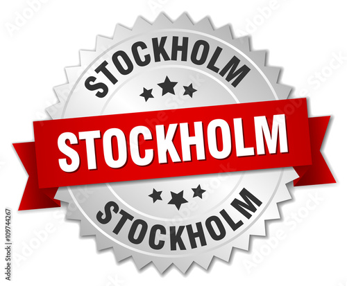 Stockholm round silver badge with red ribbon