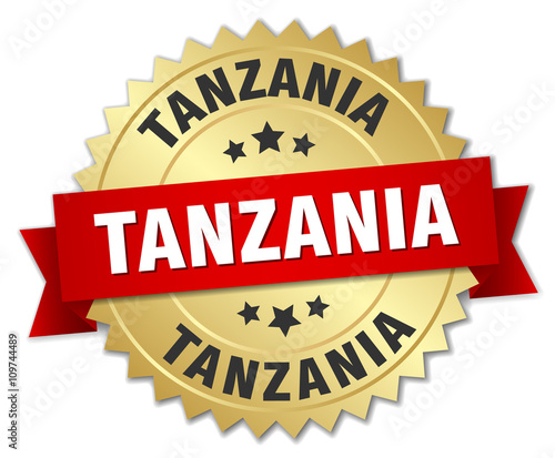 Tanzania round golden badge with red ribbon