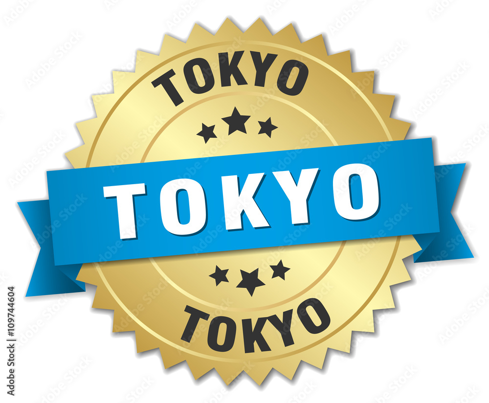 Tokyo round golden badge with blue ribbon