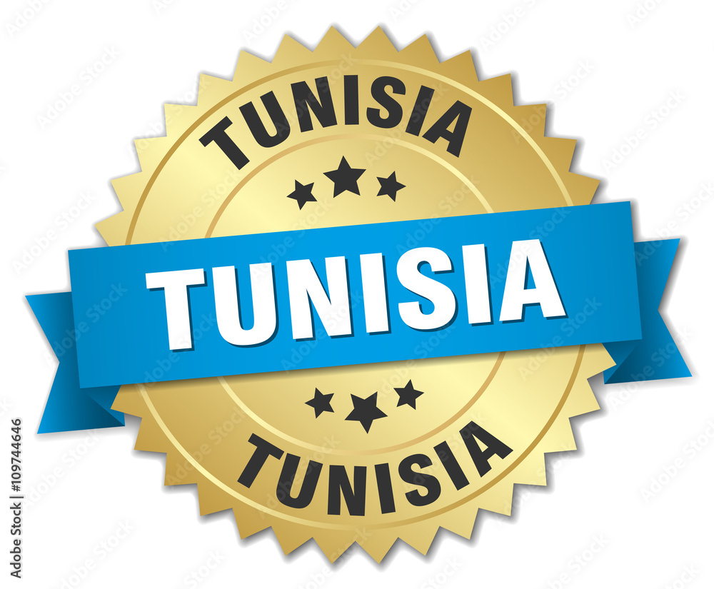 Tunisia round golden badge with blue ribbon
