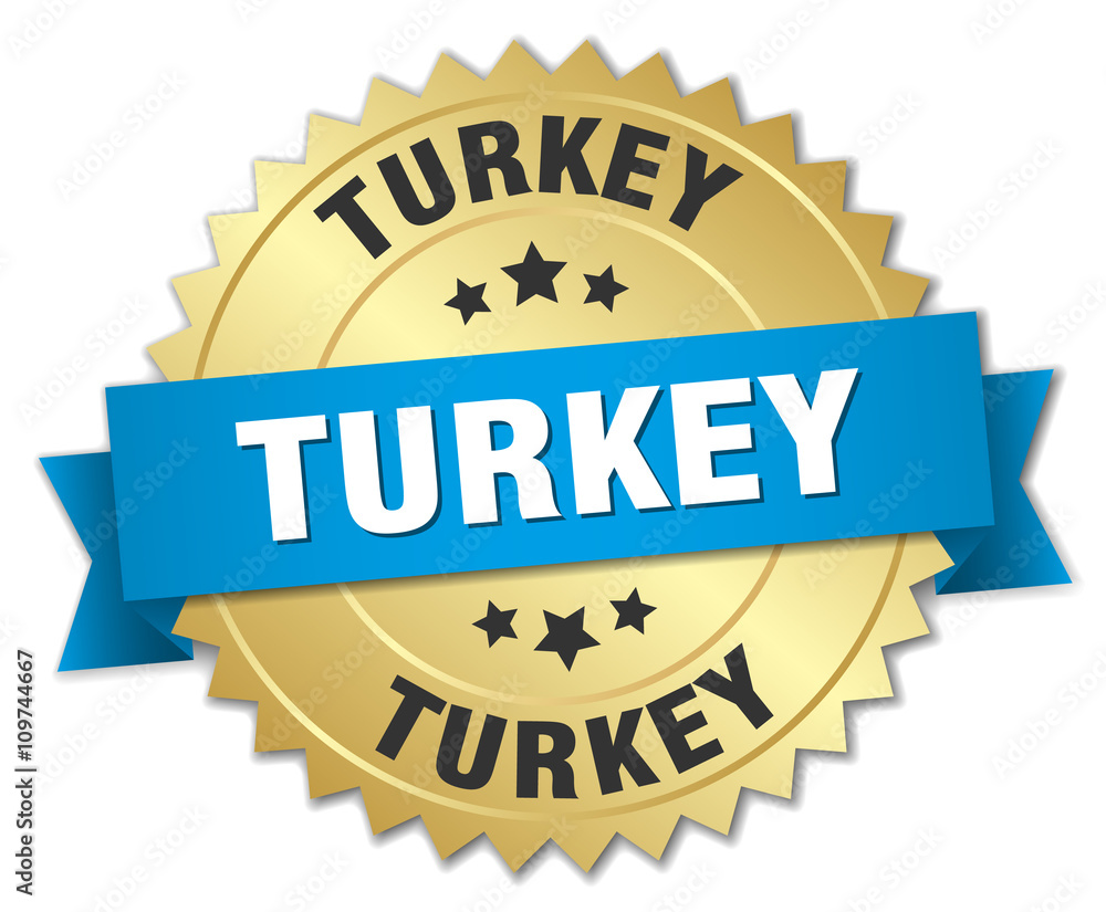 Turkey round golden badge with blue ribbon