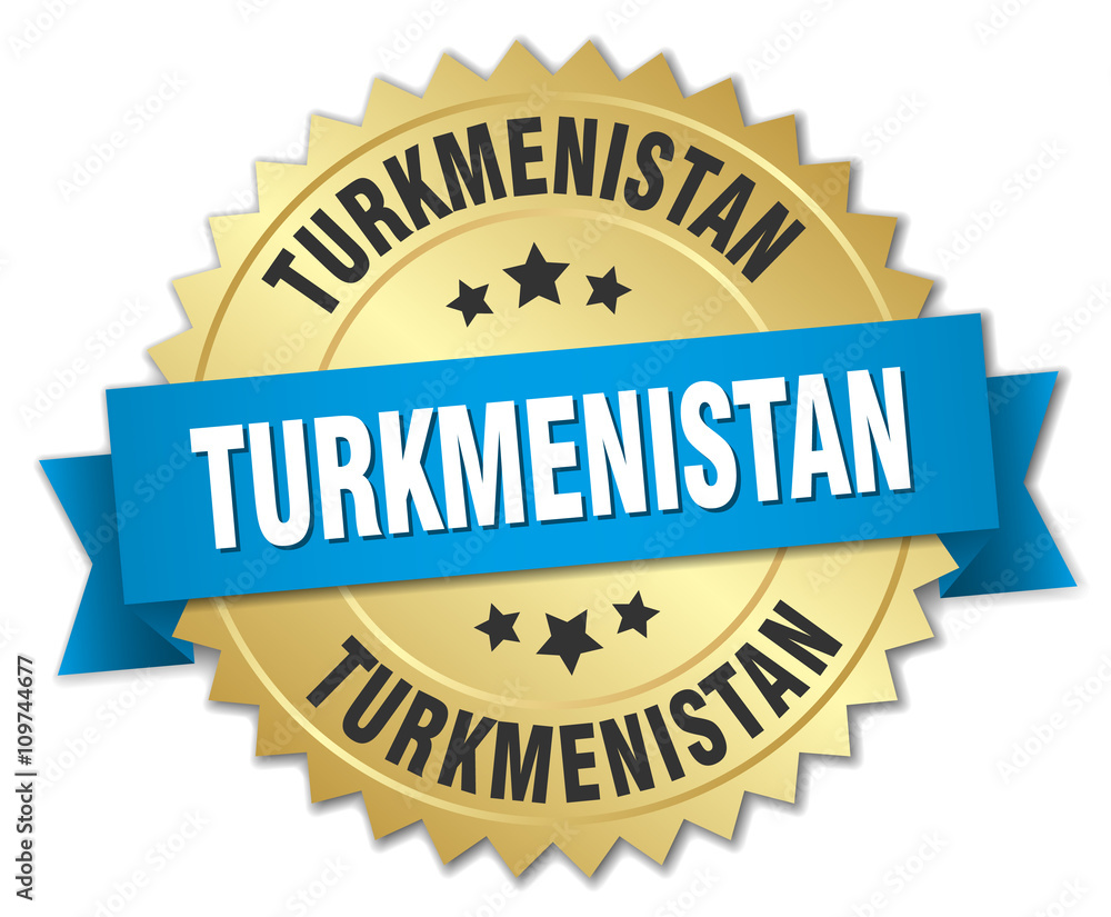 Turkmenistan round golden badge with blue ribbon