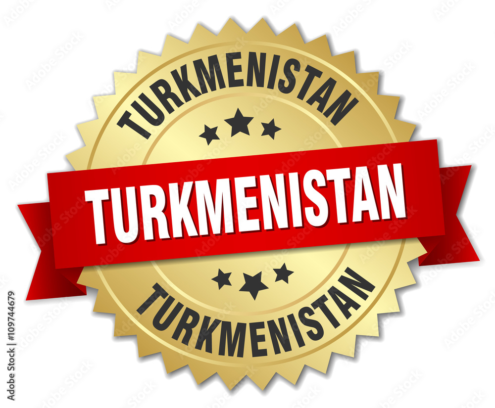 Turkmenistan round golden badge with red ribbon Turkmenistan round golden badge with red ribbon