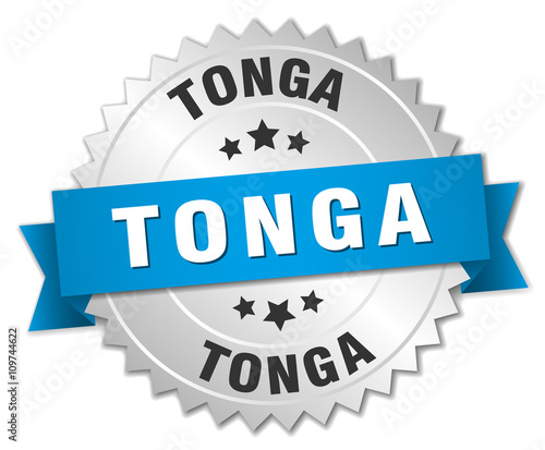 Tonga round silver badge with blue ribbon