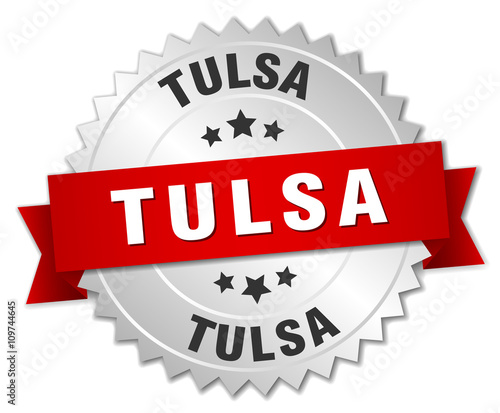 Tulsa  round silver badge with red ribbon
