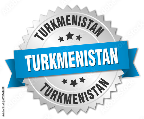 Turkmenistan round silver badge with blue ribbon
