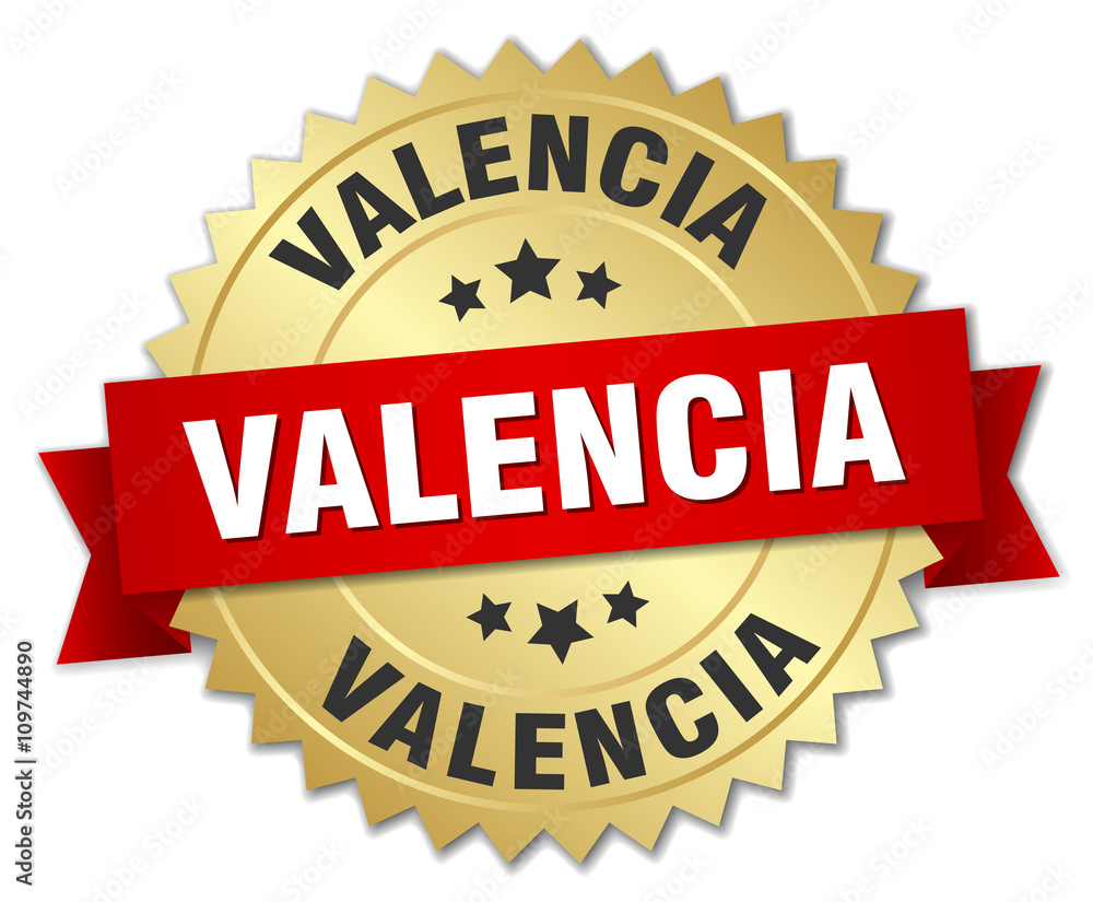 Valencia round golden badge with red ribbon Valencia round golden badge with red ribbon