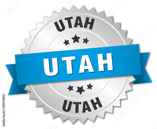 Utah round silver badge with blue ribbon