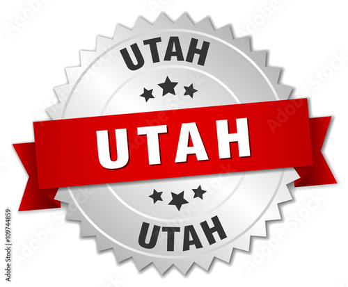 Utah  round silver badge with red ribbon