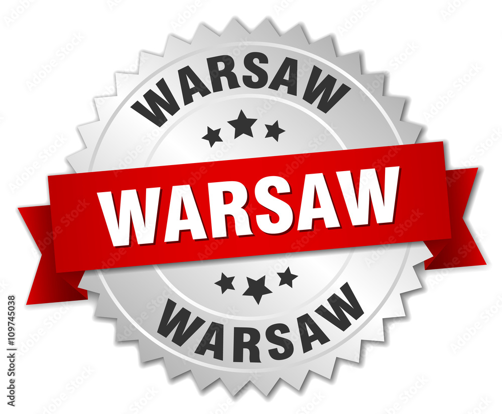 Warsaw round silver badge with red ribbon Stock Vector | Adobe Stock