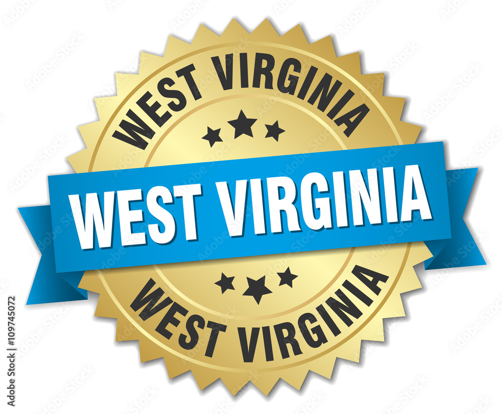 West Virginia round golden badge with blue ribbon