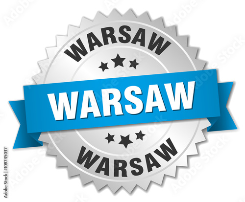 Warsaw round silver badge with blue ribbon
