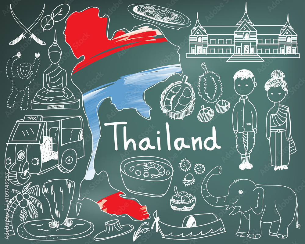 Fototapeta premium Travel to Thailand (Siam) doodle drawing icon with culture, costume, landmark and cuisine tourism concept in blackboard background, create by vector 