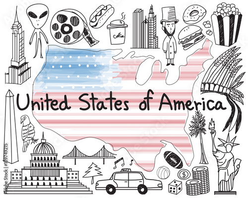 Travel to United state of America doodle drawing icon with culture, costume, landmark and cuisine tourism concept in isolated background, create by vector 