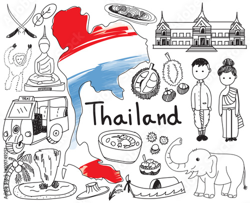 Travel to Thailand (Siam) doodle drawing icon with culture, costume, landmark and cuisine tourism concept in isolated background, create by vector 