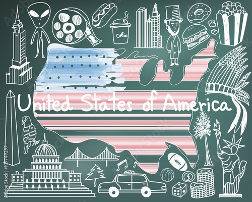 Travel to United state of America doodle drawing icon with culture, costume, landmark and cuisine tourism concept in blackboard background, create by vector 