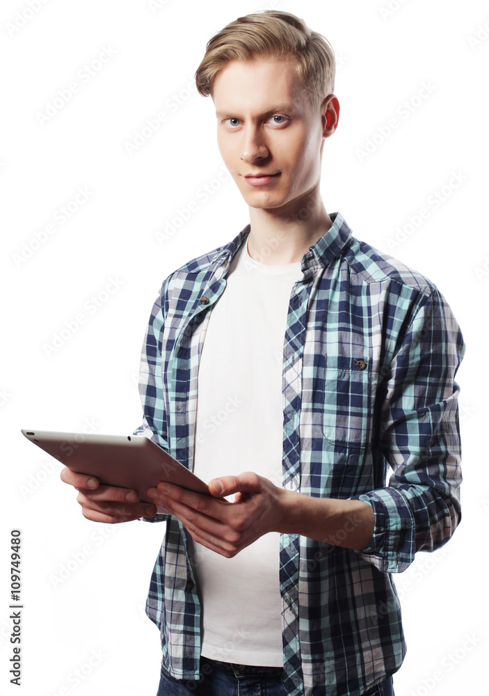 Happy Young Man Using Digital Tablet Isolated Happy Young Man Using Digital Tablet Isolated