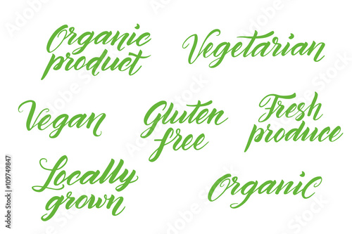 Hand drawn healthy food letterings. Label, logo template